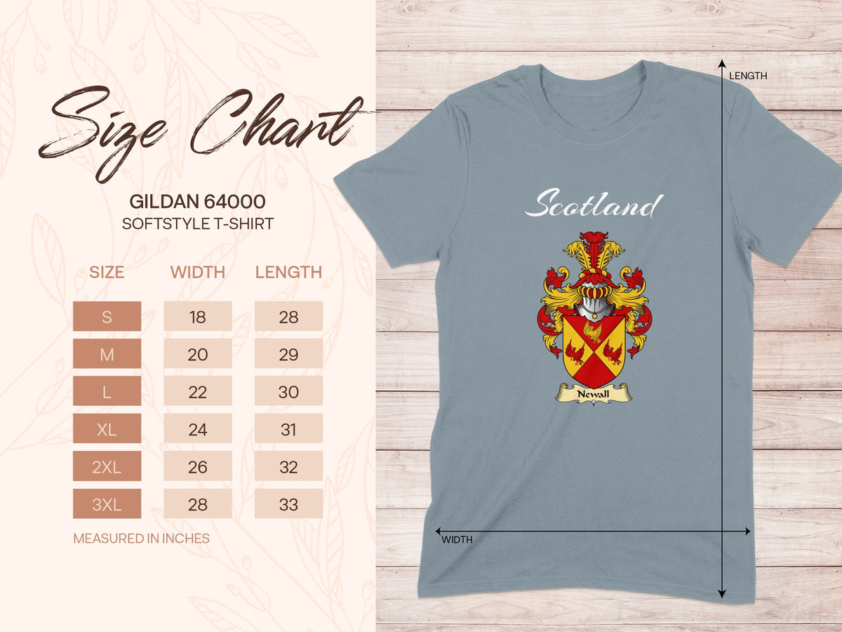 Gildan 64000 size chart for Newall Scottish family shield T-shirt