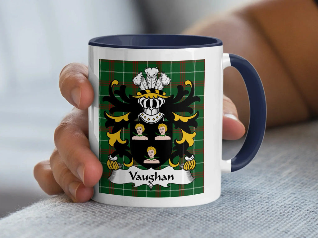 Vaughan Welsh family crest mug with navy accent and coat of arms on tartan background