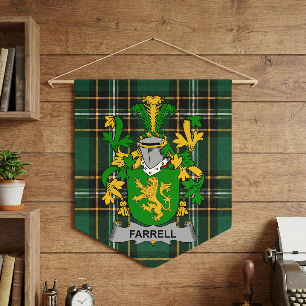 Green tartan banner with a gold lion crest and "FARRELL" text.