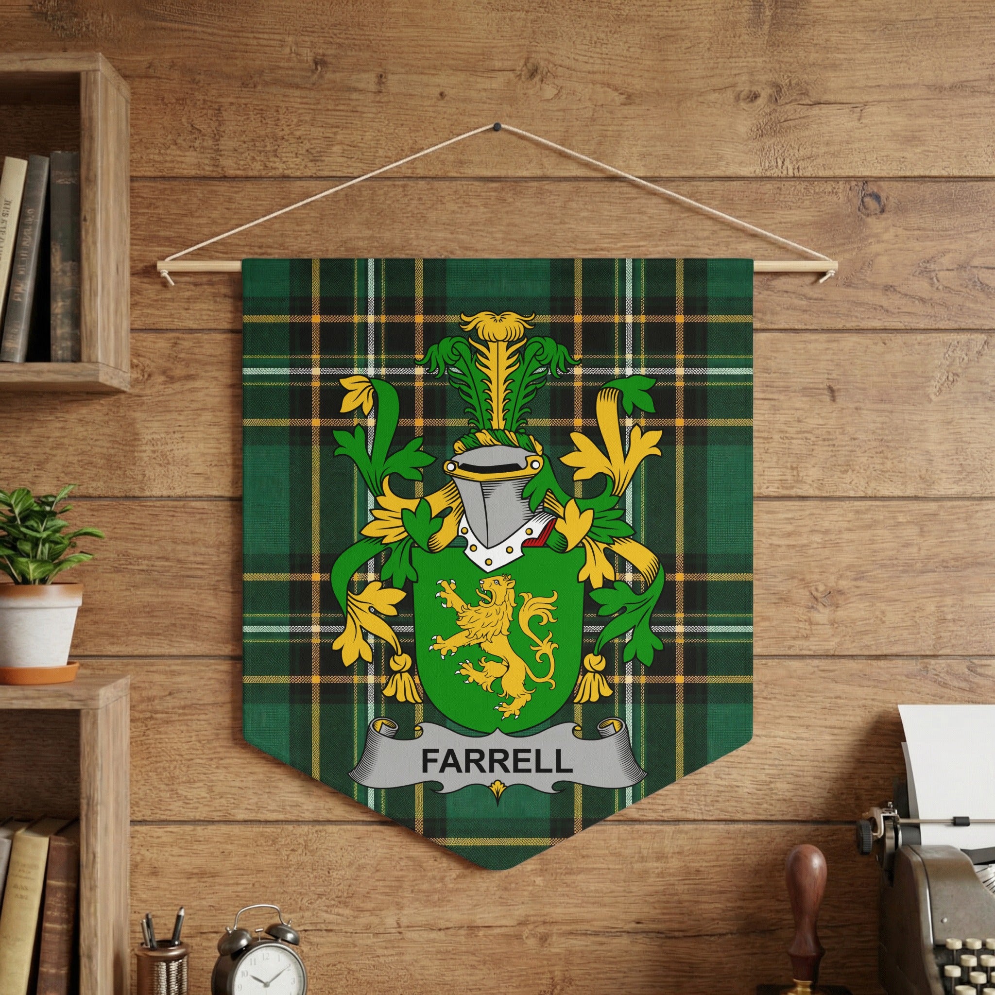 Green tartan banner with a gold lion crest and "FARRELL" text.