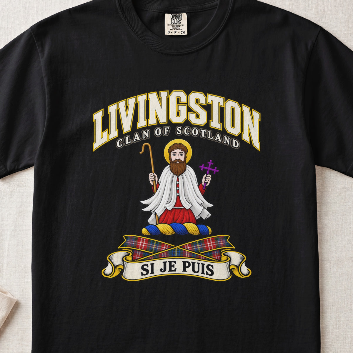 Livingston Scottish clan T-shirt in Black, front view with a robed figure with a golden halo and motto design.