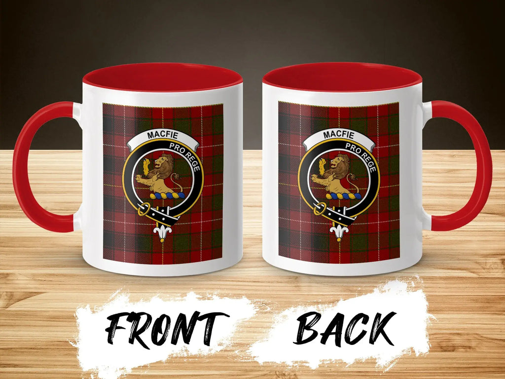 MacFie Pro Rege family crest accent mug — 15 oz ceramic with red handle and interior