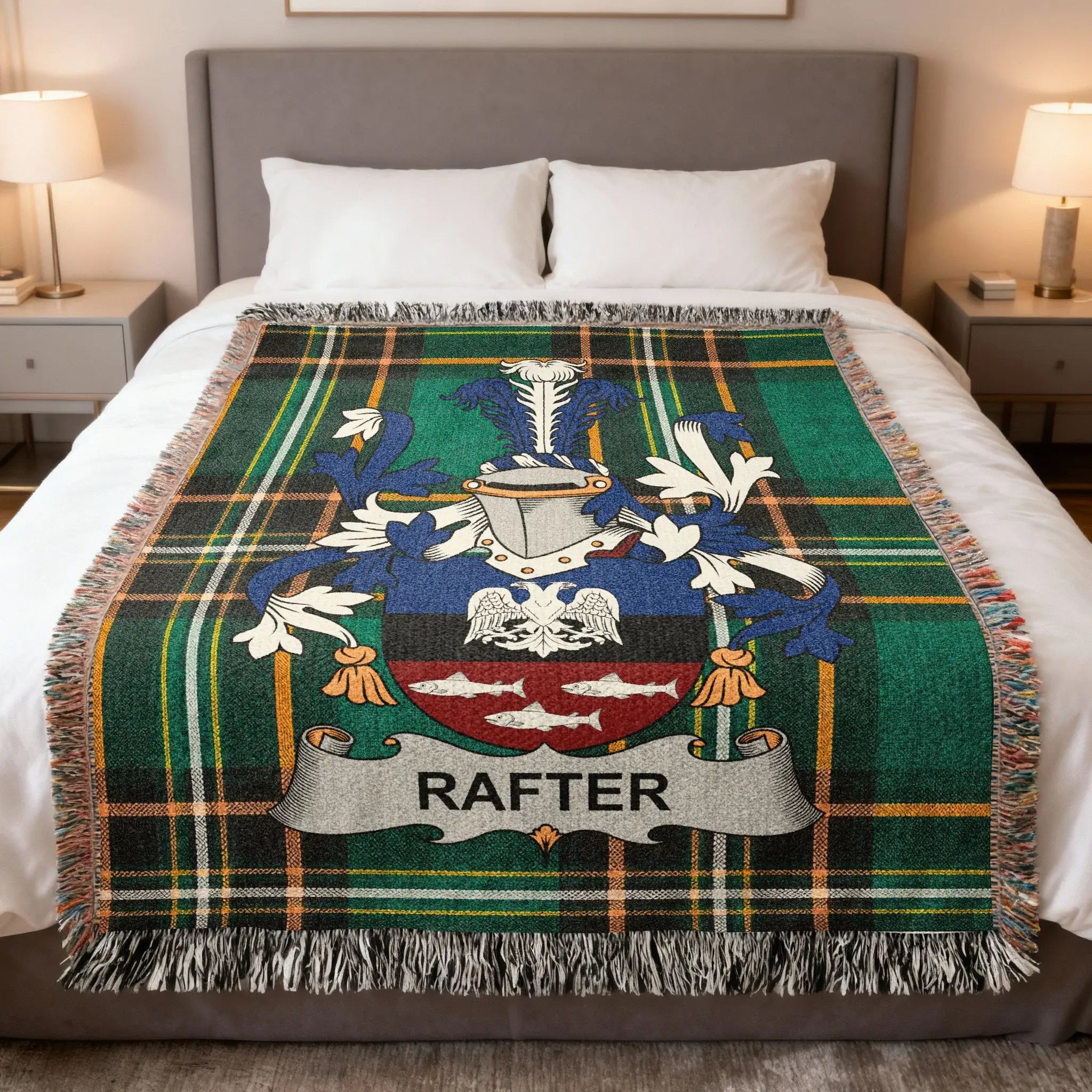 Plaid blanket with Rafter family crest on a bed.