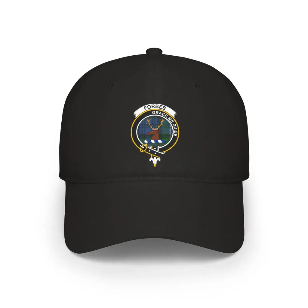 Forbes clan crest tartan cap in black — 100% cotton with Grace Me Guide stag heraldic design