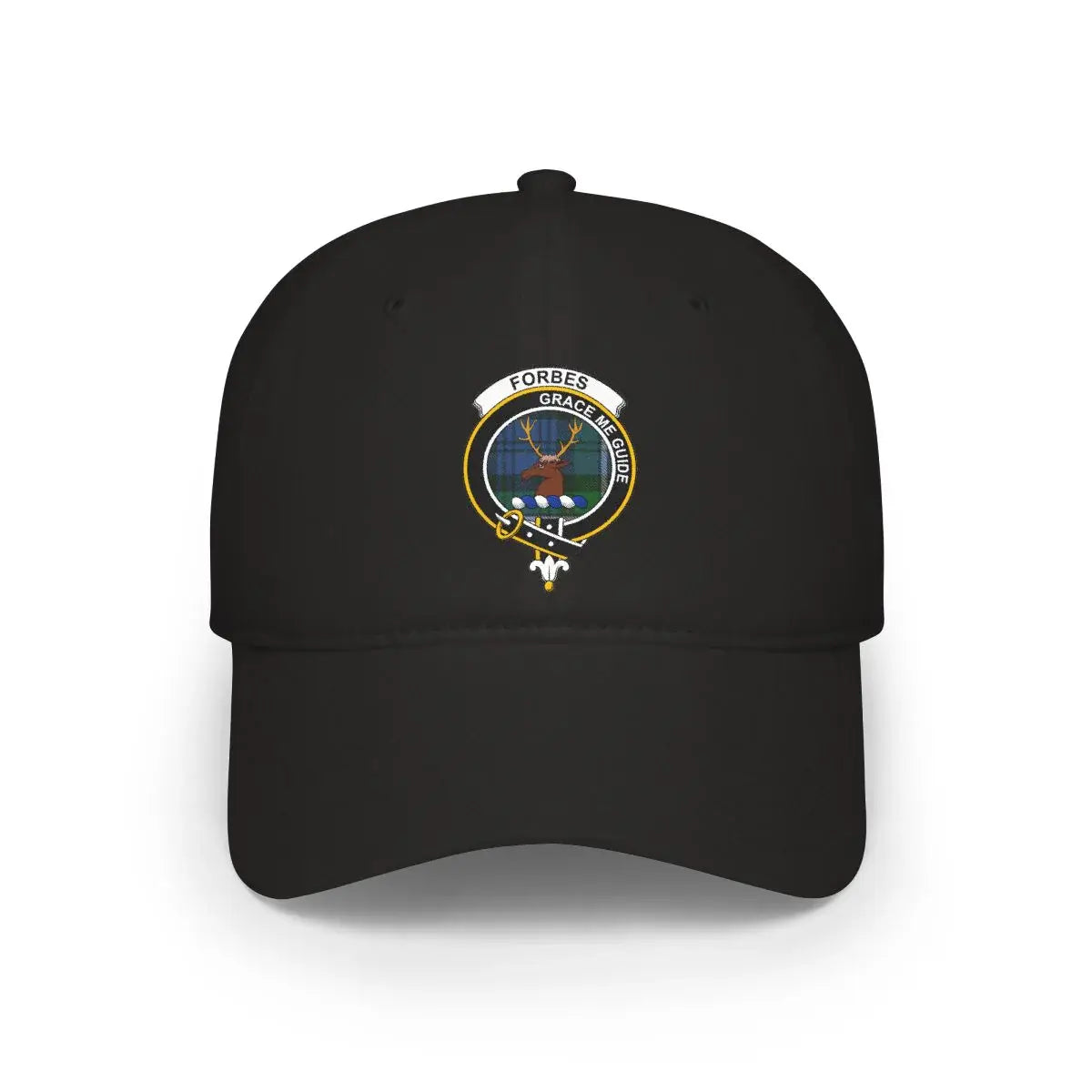 Forbes clan crest tartan cap in black — 100% cotton with Grace Me Guide stag heraldic design