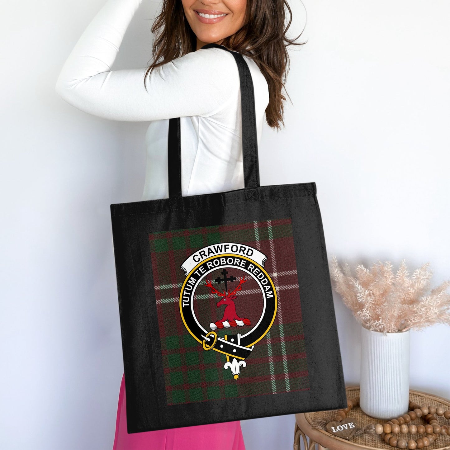 Crawford Clan Crest Tartan Background Tote Bag - Living Stone Gifts