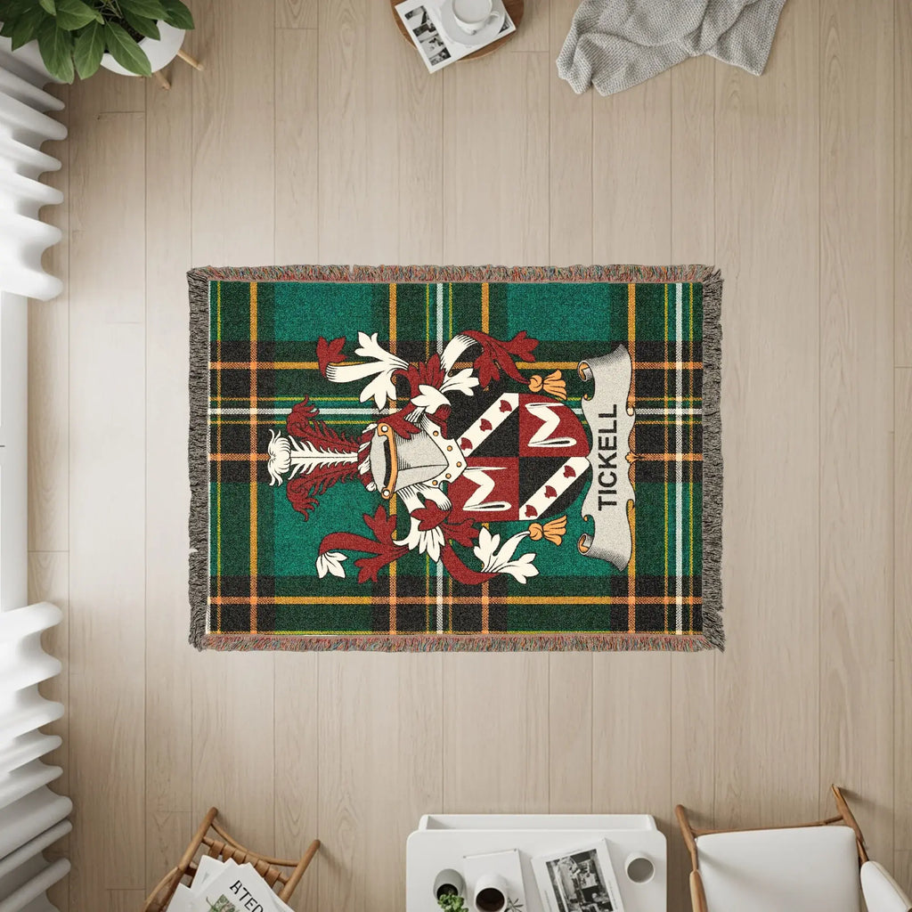 TICKLELL crest on tartan blanket rug with fringe.