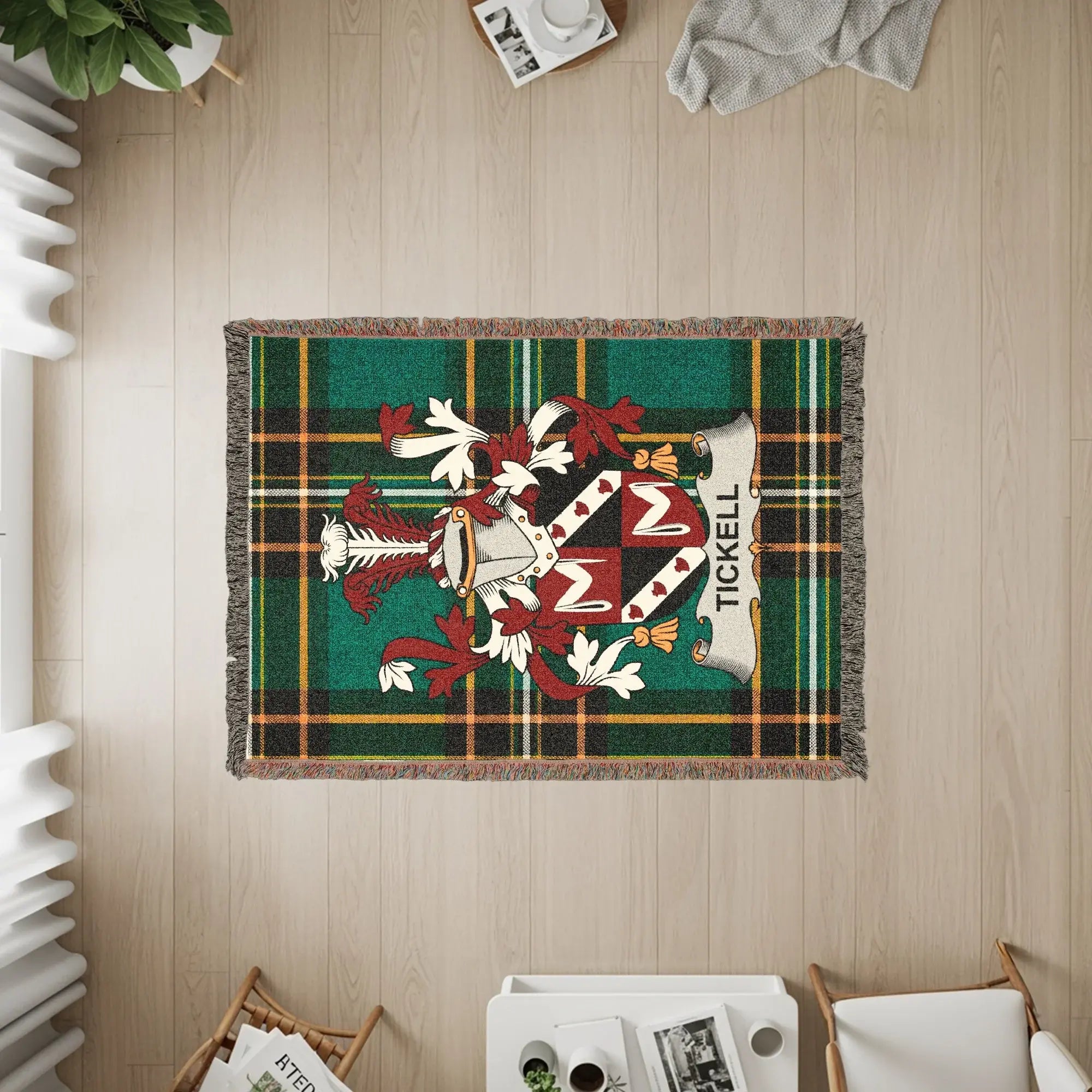 TICKLELL crest on tartan blanket rug with fringe.