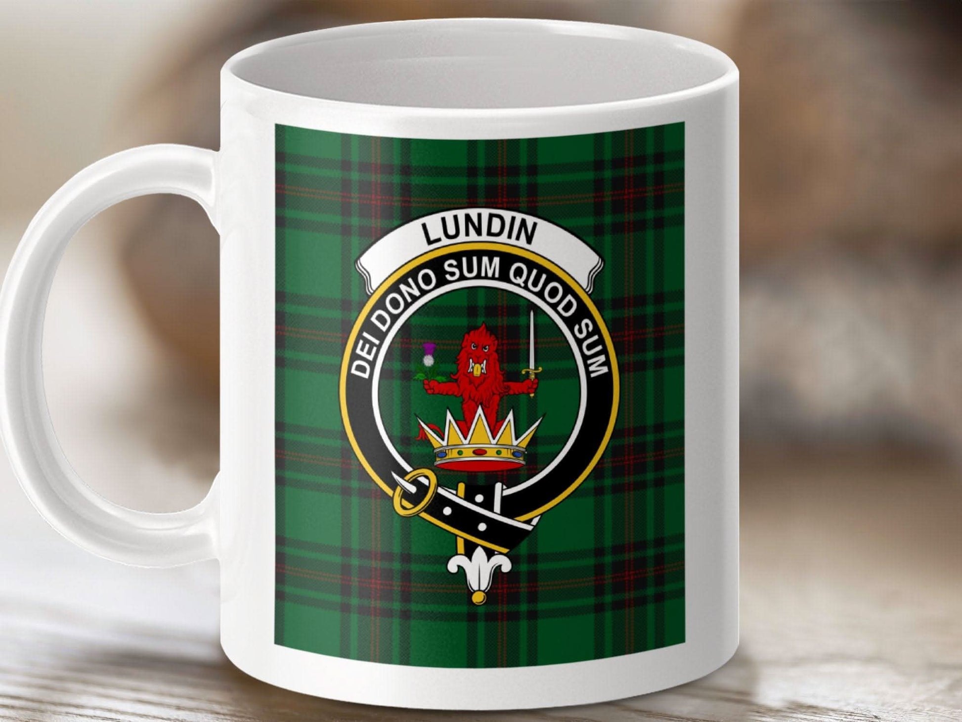 Lundin Family Crest Mug with Clan Motto Emblem product