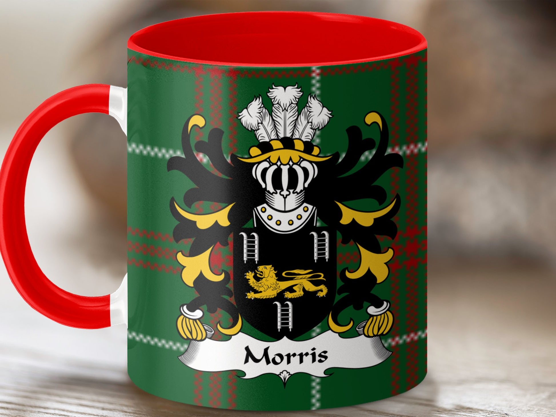 Morris Family Coat of Arms Welsh National Tartan Mug - Living Stone Gifts