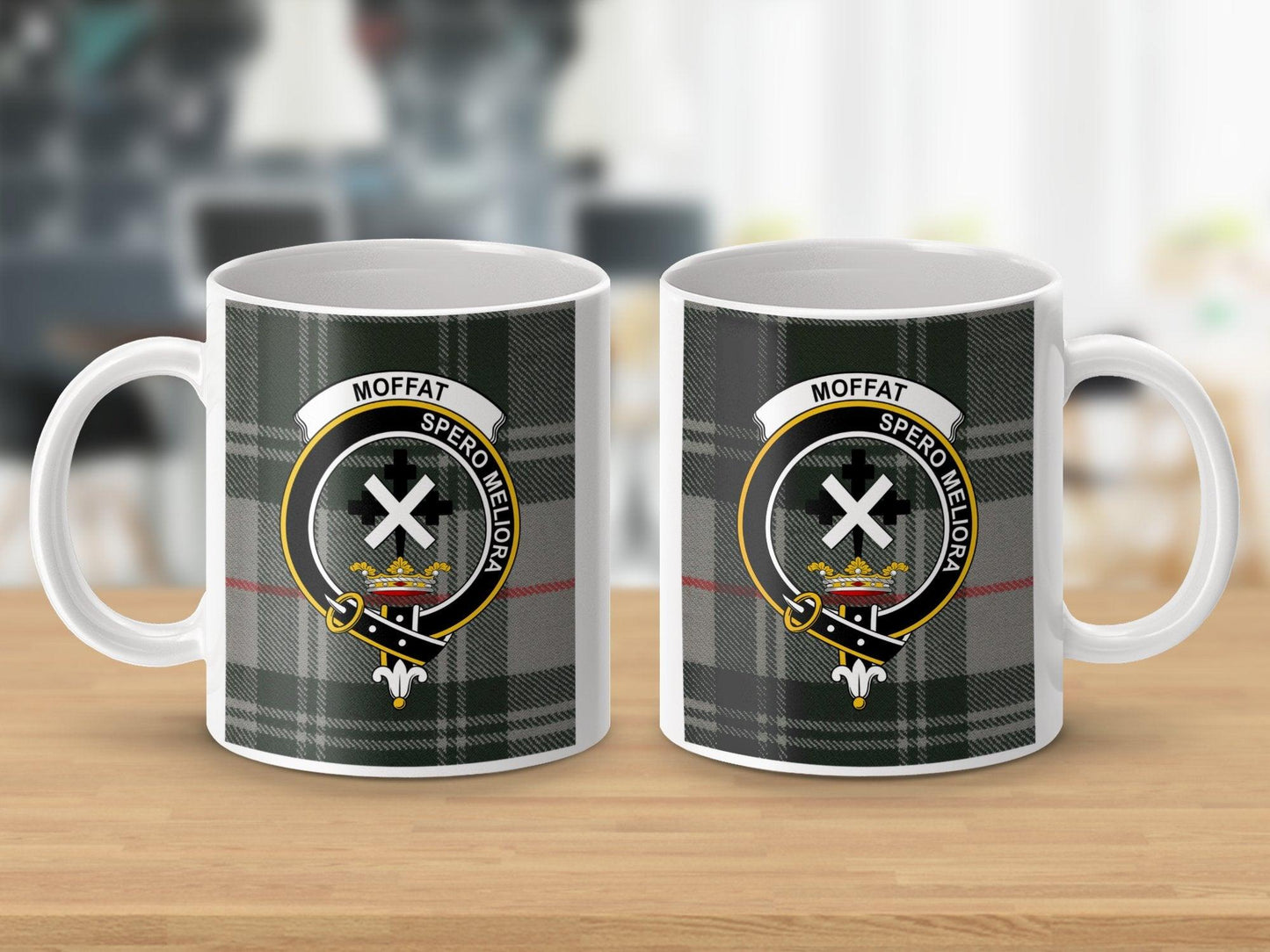 Moffat Clan Crest Spero Meliora Plaid Pattern Mug - Living Stone Gifts