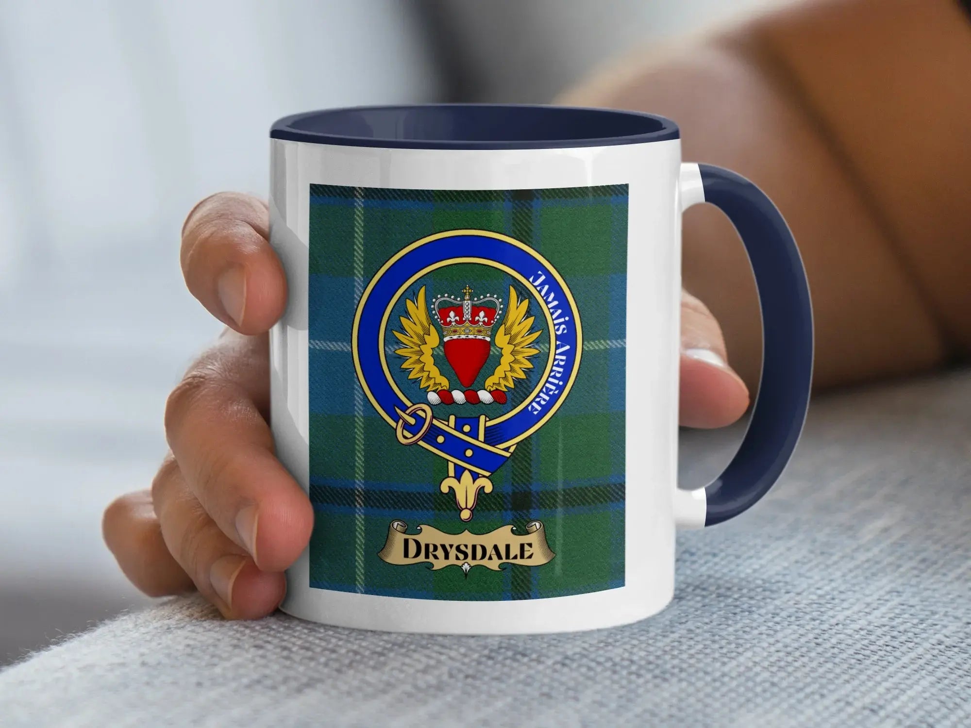 Drysdale family crest coffee mug with a tartan-background design