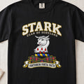 Stark Scottish clan T-shirt in Black, front view with a white bull head with red drops below and motto banner.