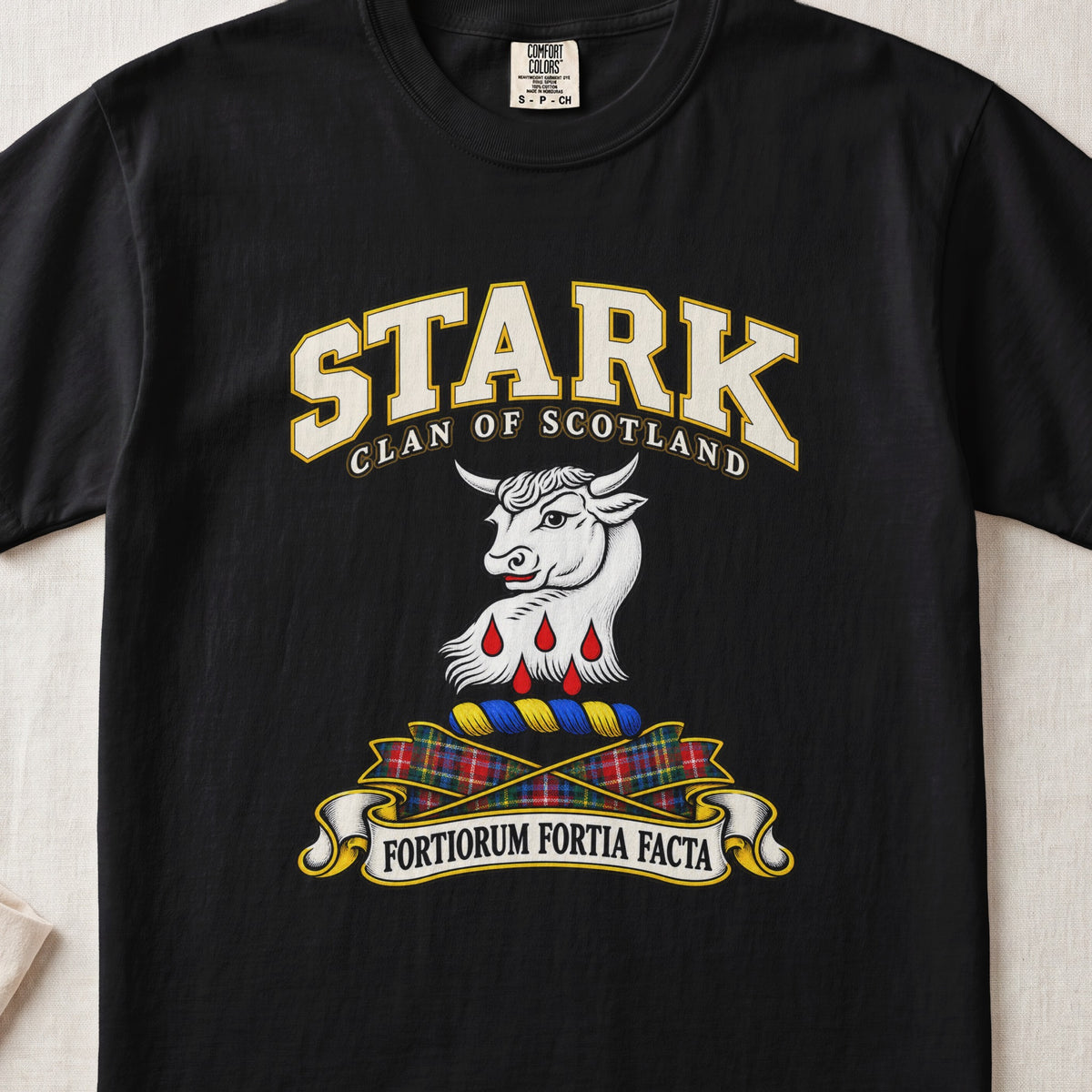 Stark Scottish clan T-shirt in Black, front view with a white bull head with red drops below and motto banner.