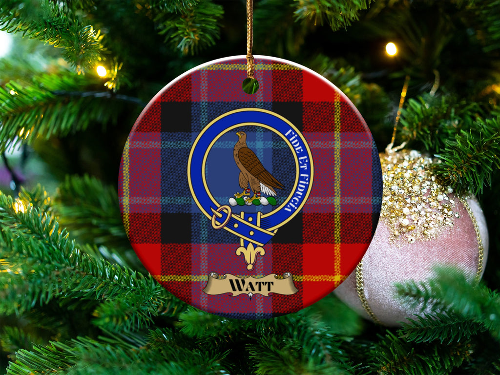 Watt clan crest tartan ceramic ornament hanging on a Christmas tree