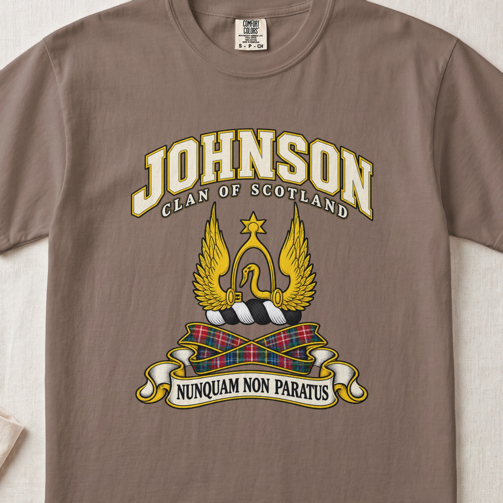 Johnson Scottish clan T-shirt in Espresso, front view with a golden winged emblem beneath a star and motto banner.