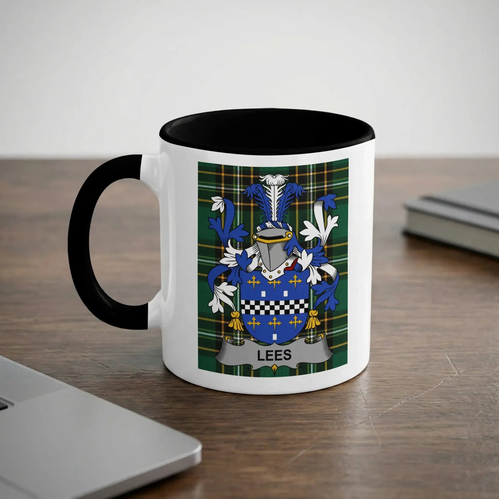 Lees Irish heritage mug with black handle and family crest