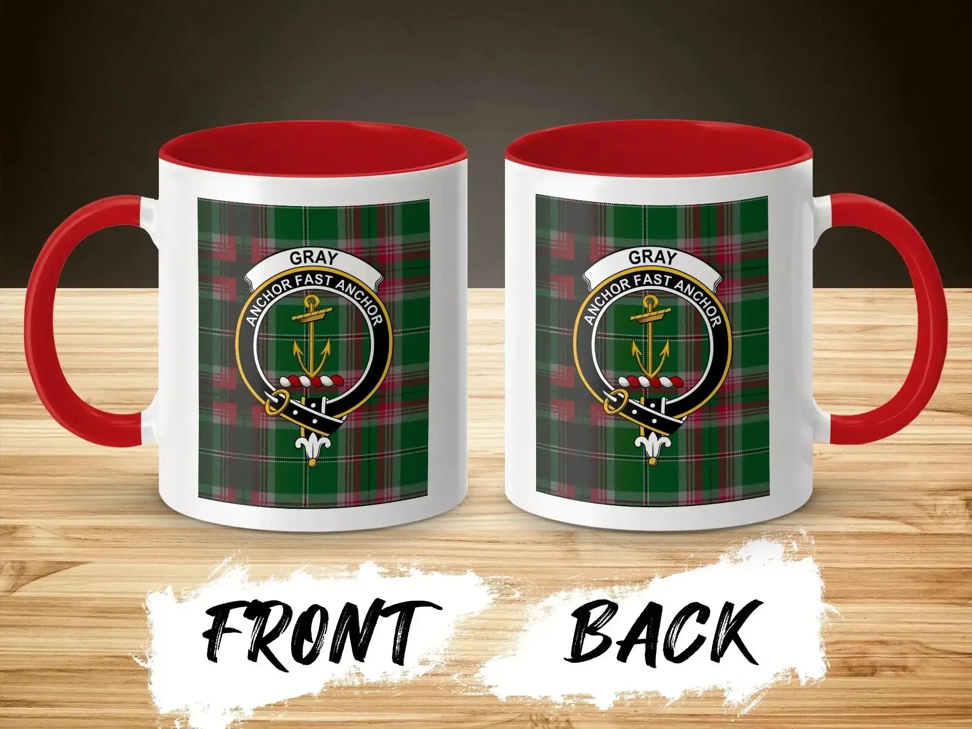 Gray clan crest accent mug 11oz with red handle — Anchor Fast Anchor design on ceramic