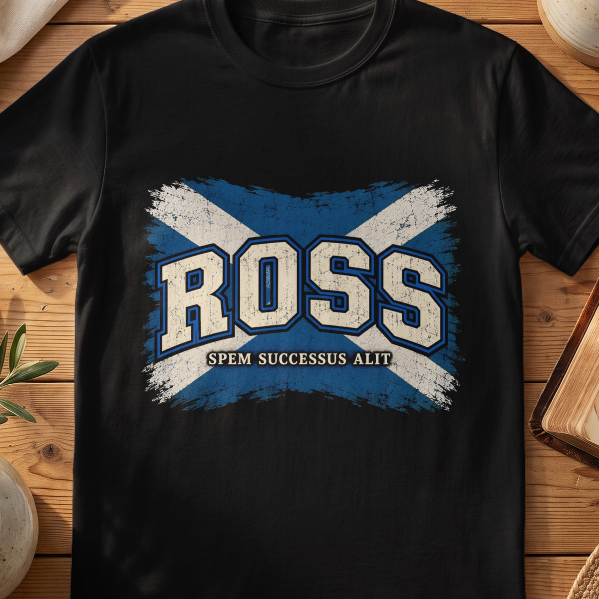 Ross Scottish Saltire T-shirt in Black, with distressed blue and cream flag and “Spem Successus Alit” lettering.