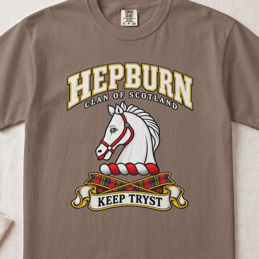 Hepburn Scottish clan T-shirt in Espresso, front view with a white horse head with a red bridle and motto banner.