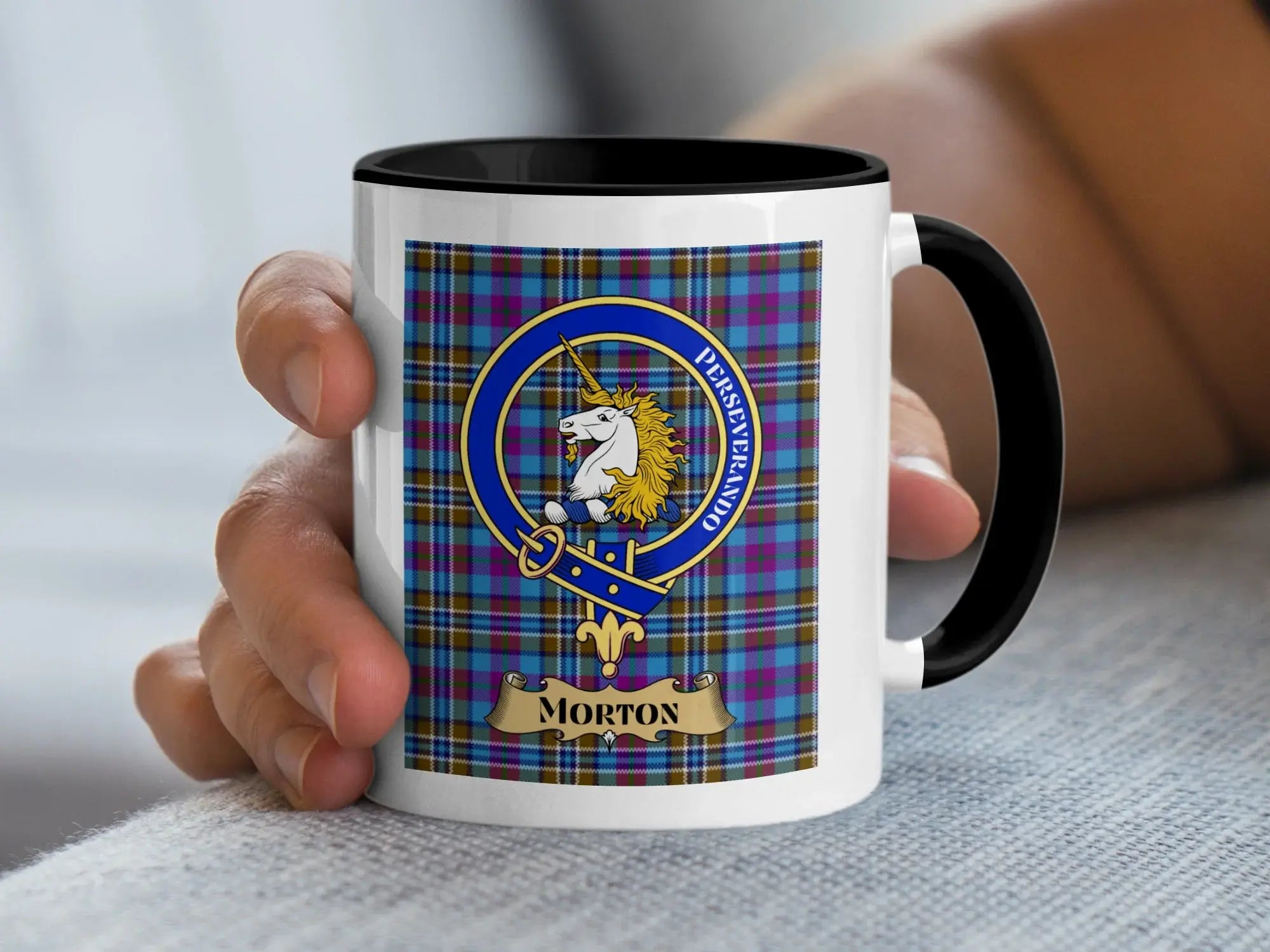 Morton tartan mug with a coloured accent handle and interior