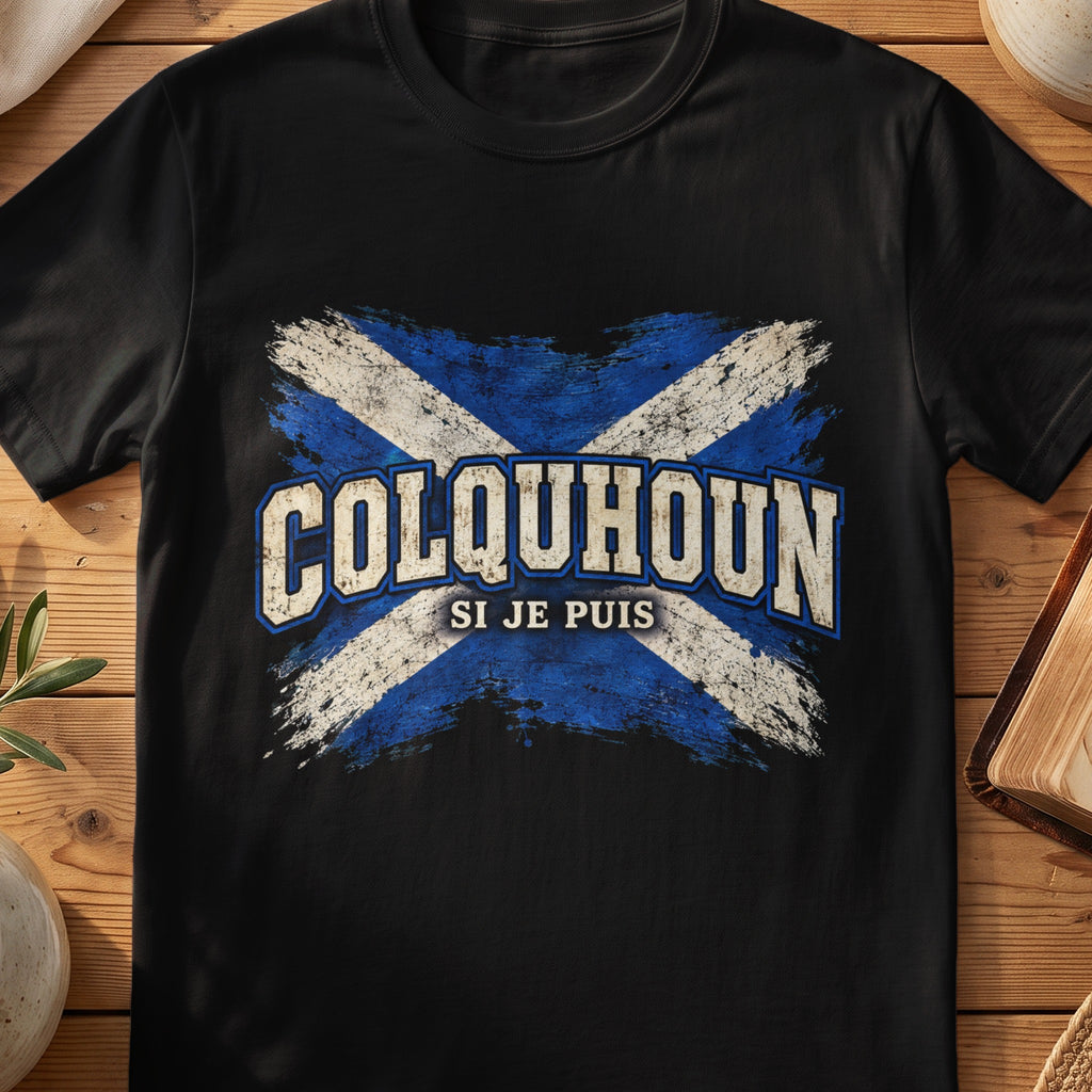 Colquhoun Scottish Saltire T-shirt in Black, with distressed blue and cream flag and “Si Je Puis” lettering.