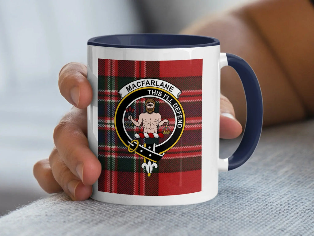 MacFarlane clan family crest plaid design mug — glossy ceramic with This I'll Defend motto, black handle