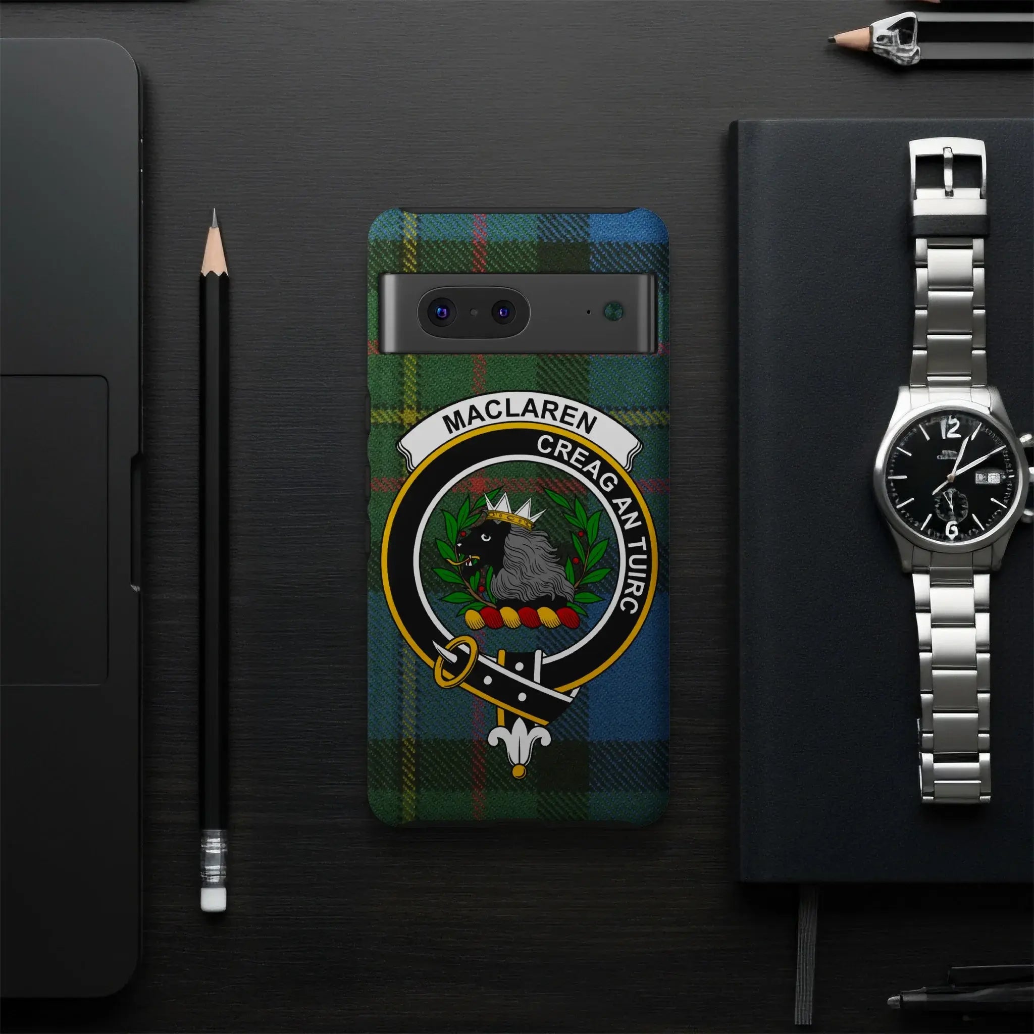 MacLaren clan crest tartan phone case — slim glossy UV-resistant The Boar's Rock wrap