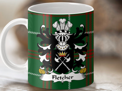 Fletcher Family Crest on Welsh National Tartan Background Mug - Living Stone Gifts