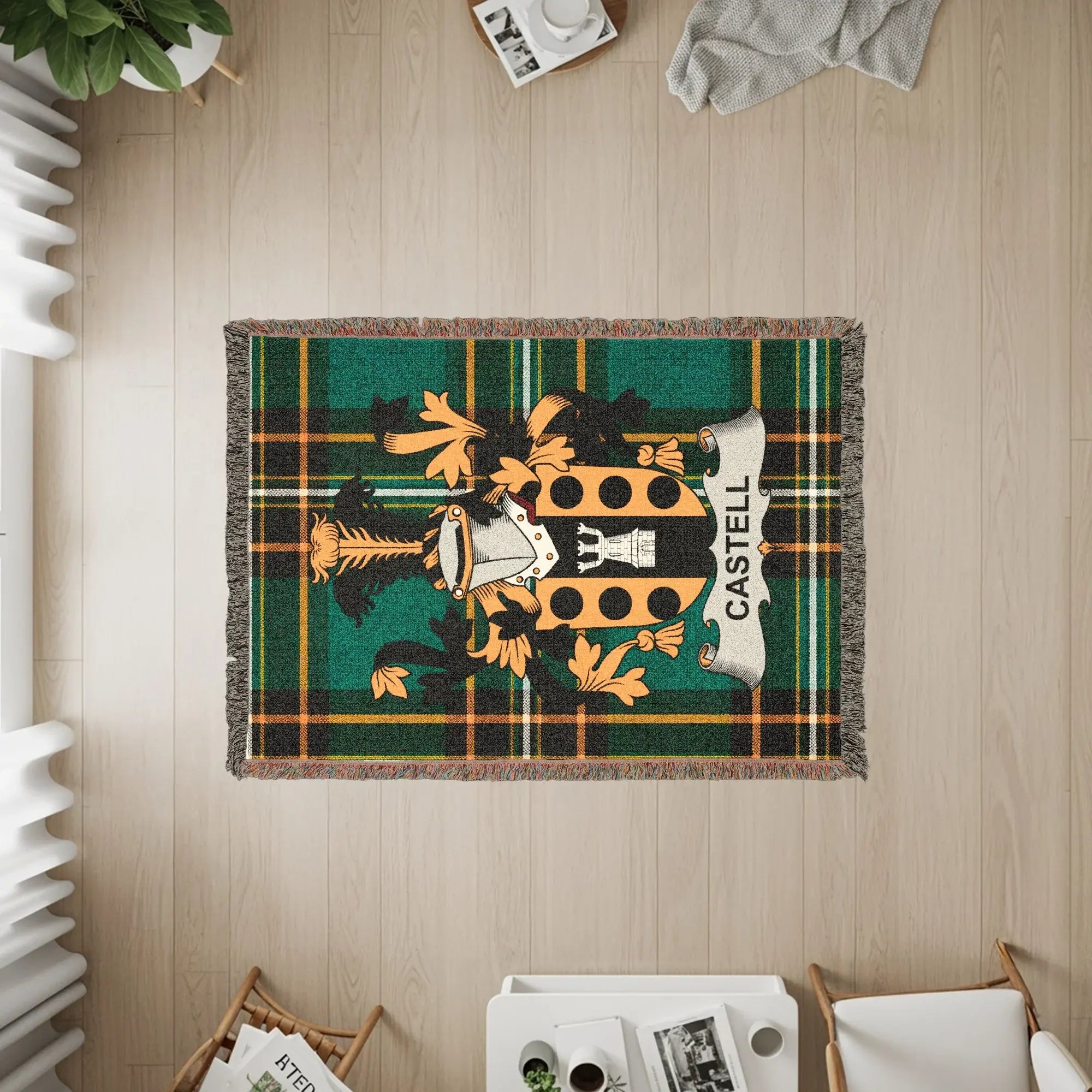 Castell Family Crest Green Black Gold Plaid Tapestry Throw