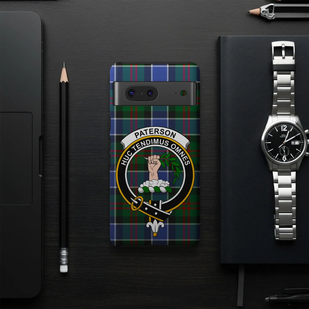 Paterson tartan phone case on Samsung Galaxy — full-colour crest wrap, impact-resistant glossy build