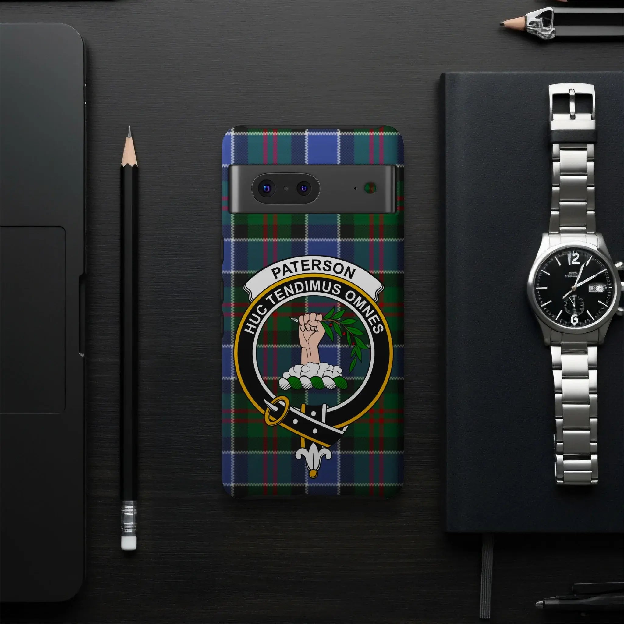 Paterson tartan phone case on Samsung Galaxy — full-colour crest wrap, impact-resistant glossy build