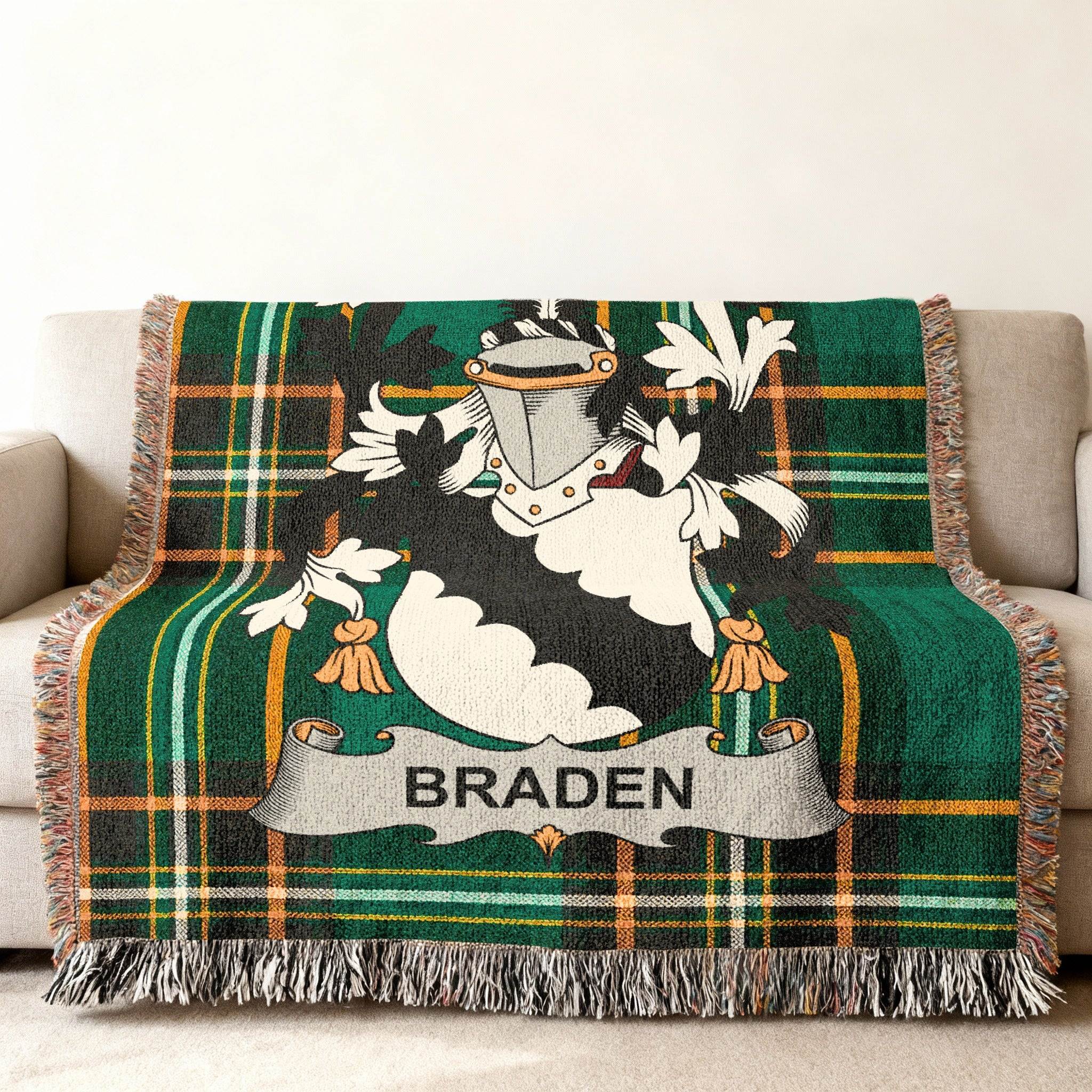 Braden family crest green plaid decorative throw blanket product type