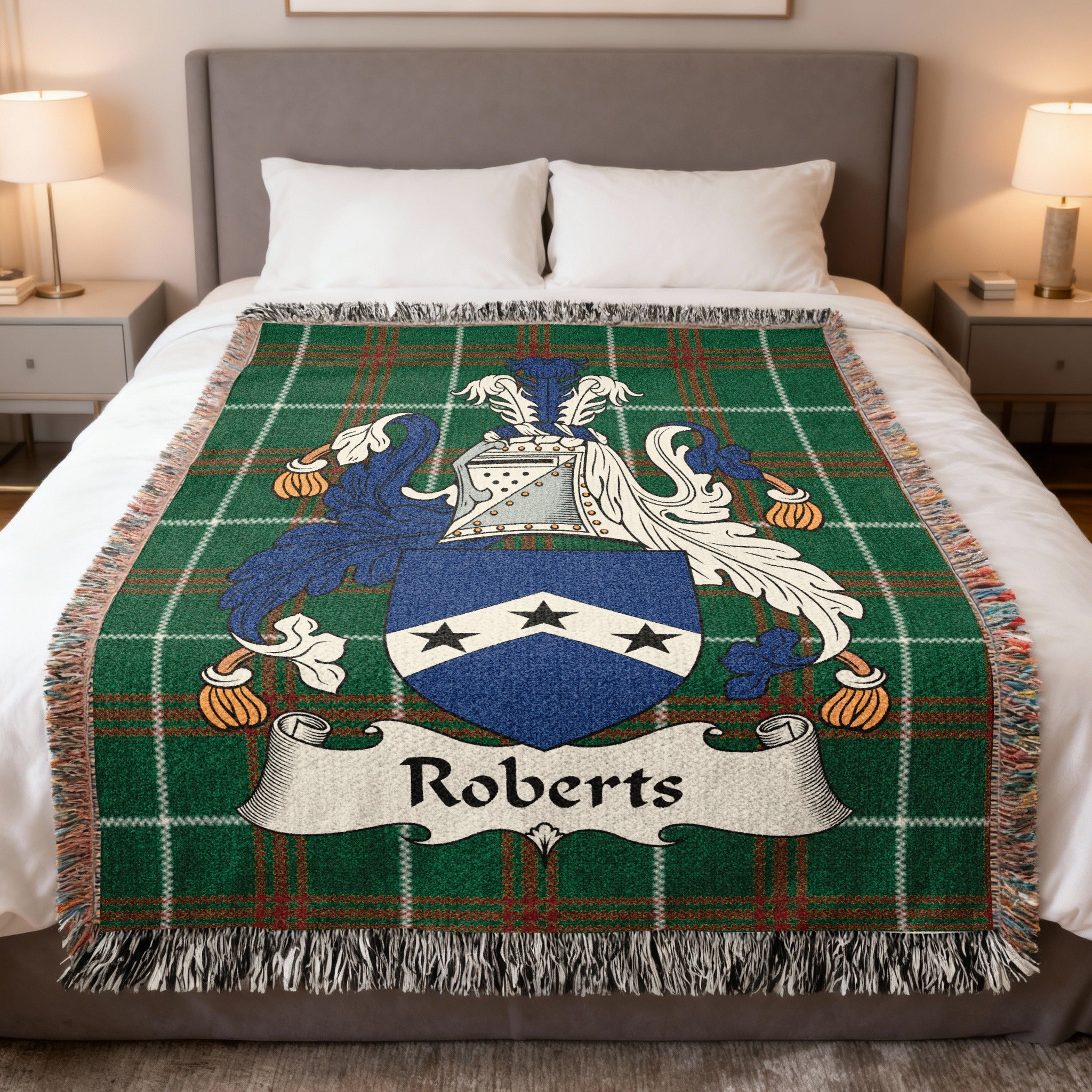 Roberts Welsh crest woven blanket on Welsh national tartan