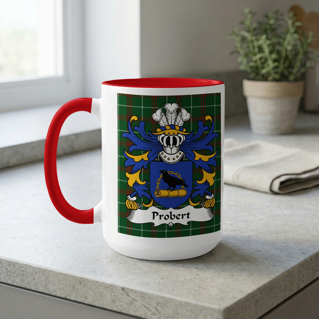 White mug with red handle, featuring the Probert coat of arms on a tartan background.
