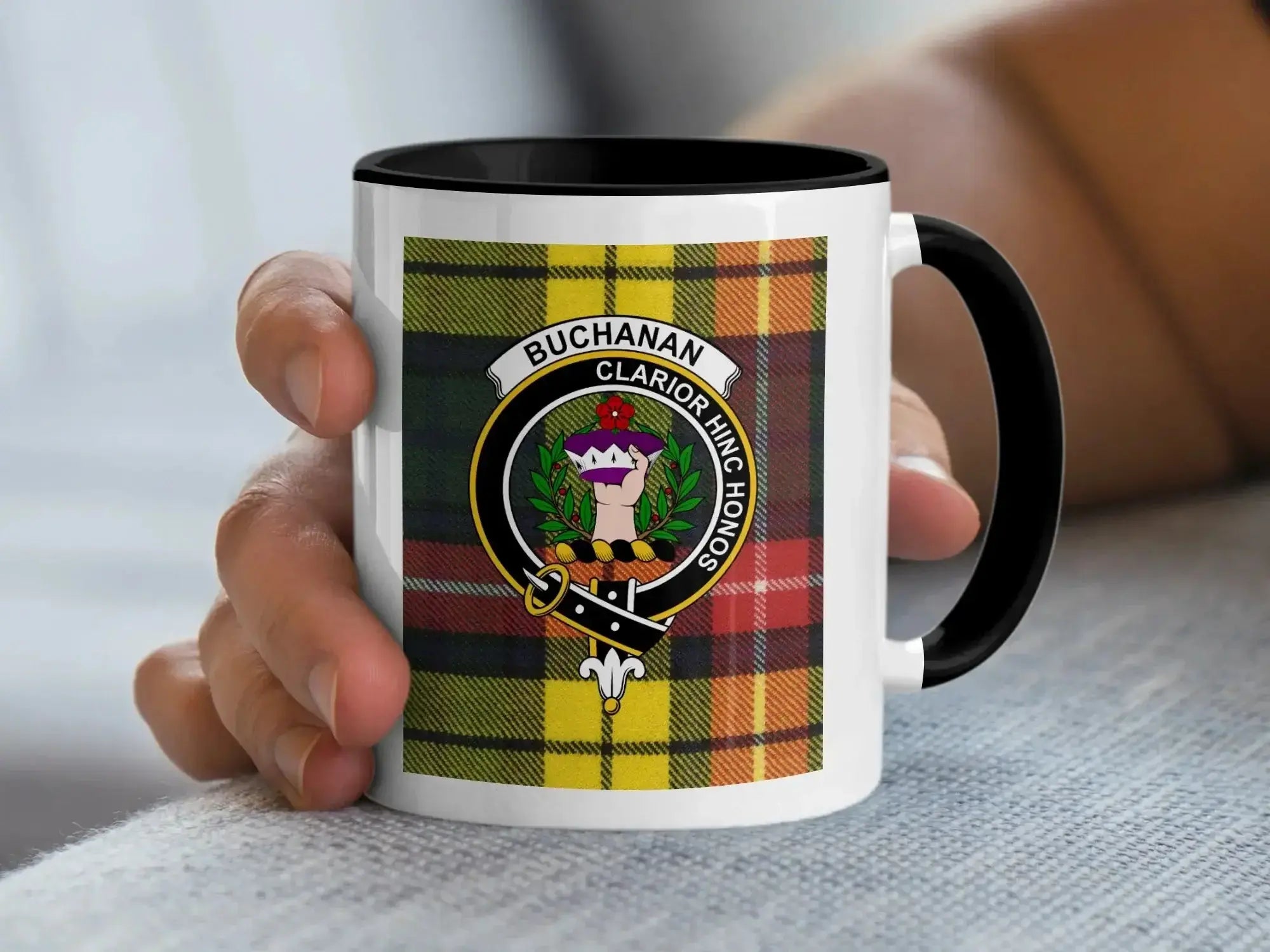 Clan Buchanan tartan mug — black handle, 15 oz ceramic