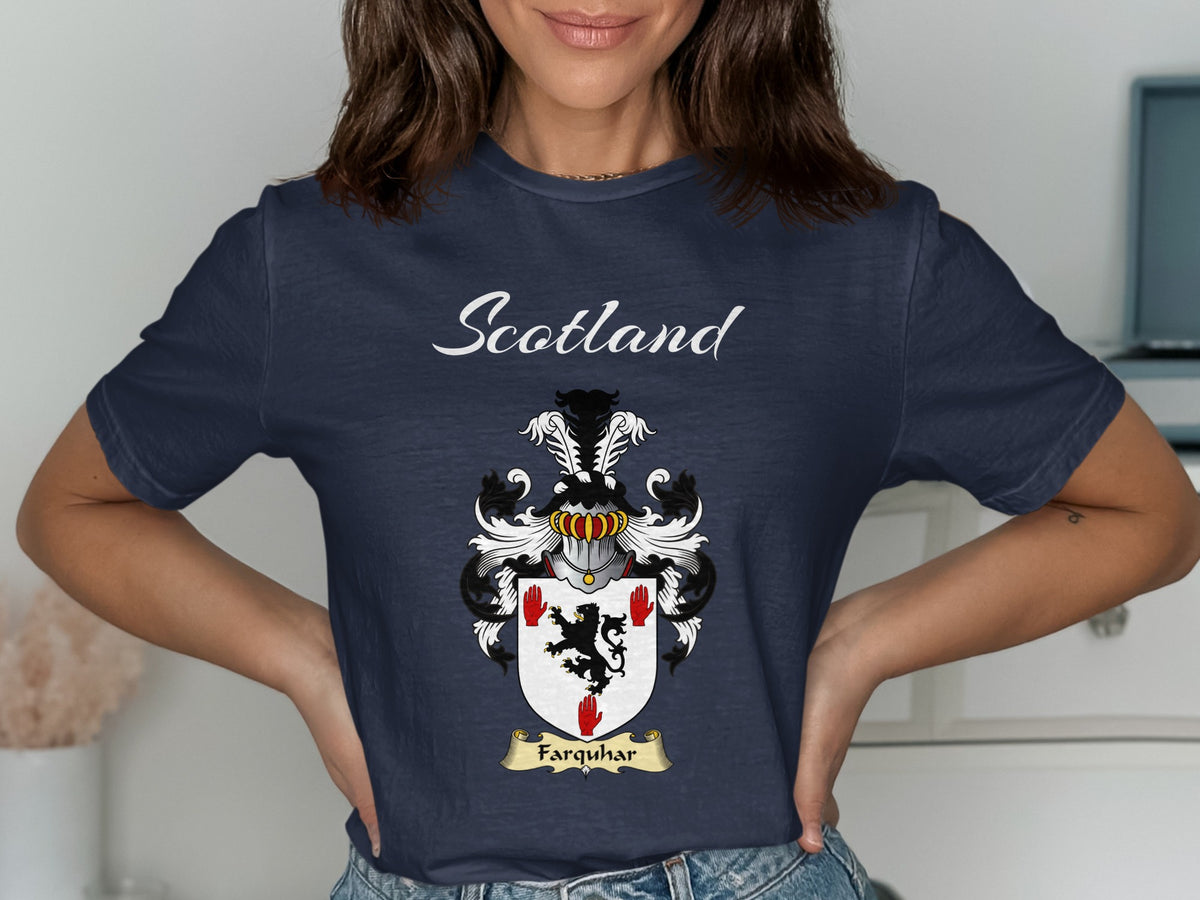 Farquhar Scottish family shield design on Navy T-shirt