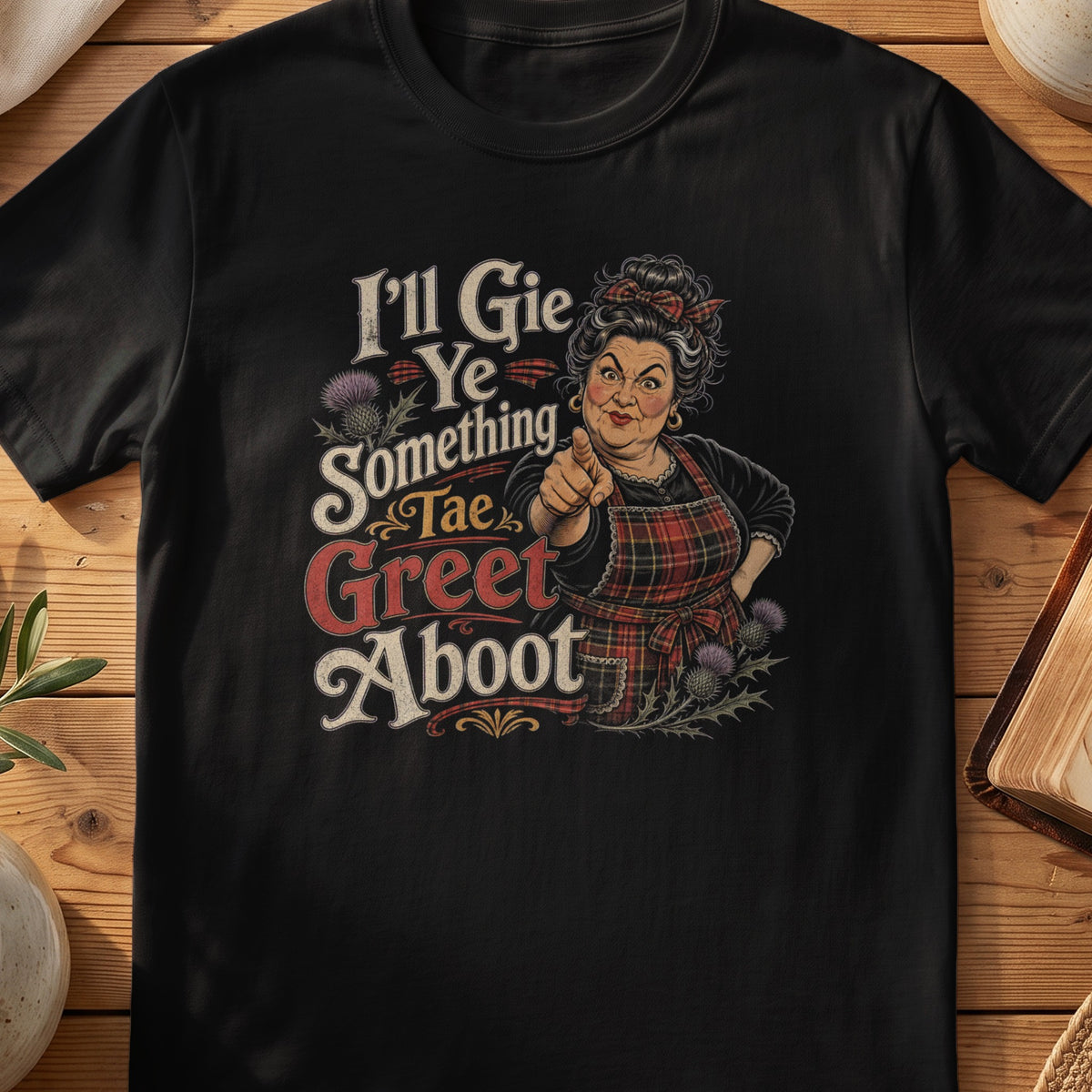 Black Gildan 64000 unisex T-shirt flatlay with I'll Gie Ye Something Tae Greet Aboot Scottish graphic design