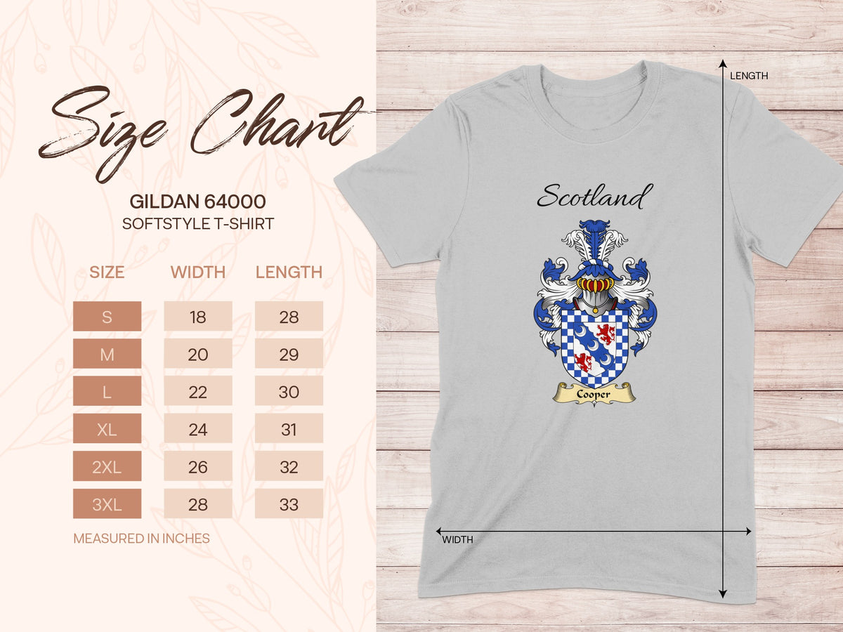 Gildan 64000 size chart for the Cooper unisex T-shirt, sizes S to 3XL