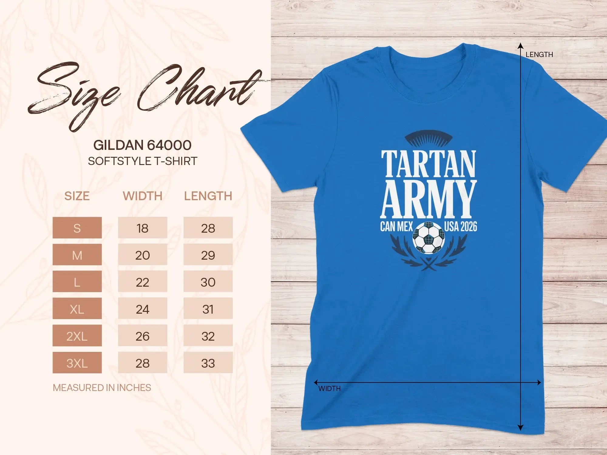 Gildan 64000 t-shirt size chart with tartan army logo.