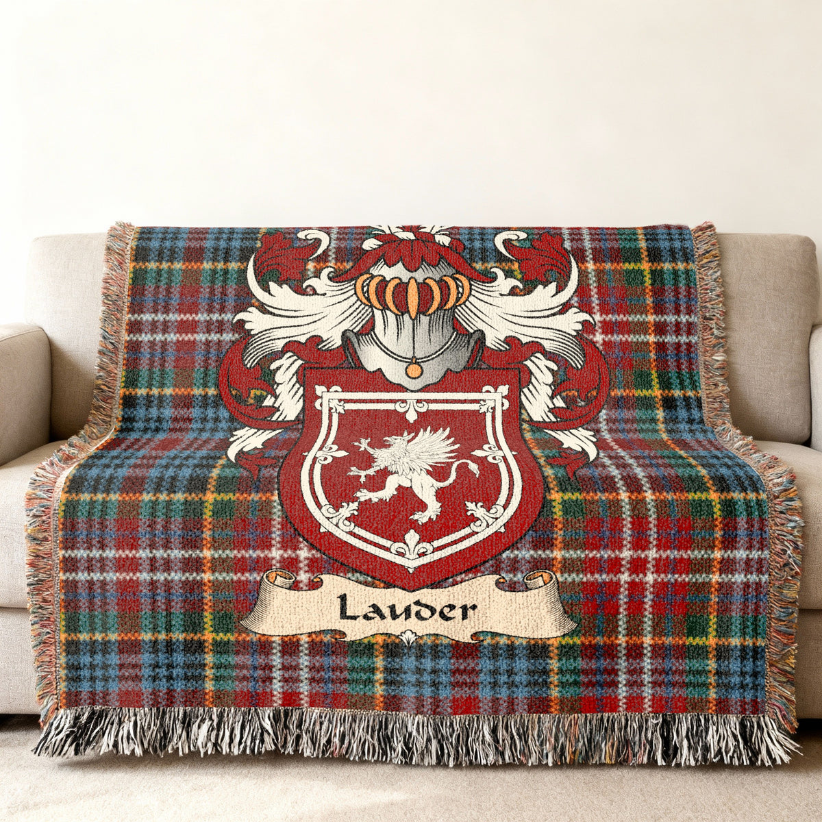 Lauder Scottish family shield woven blanket on a Caledonia tartan background