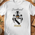 White Dennistoun Scottish family shield T-shirt featuring a bold black diagonal band on white