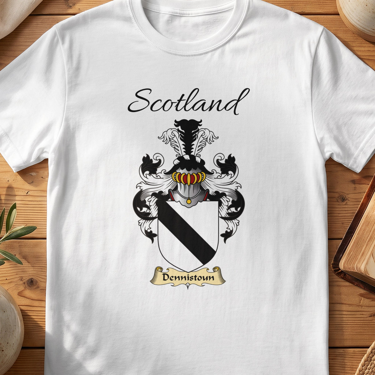 White Dennistoun Scottish family shield T-shirt featuring a bold black diagonal band on white
