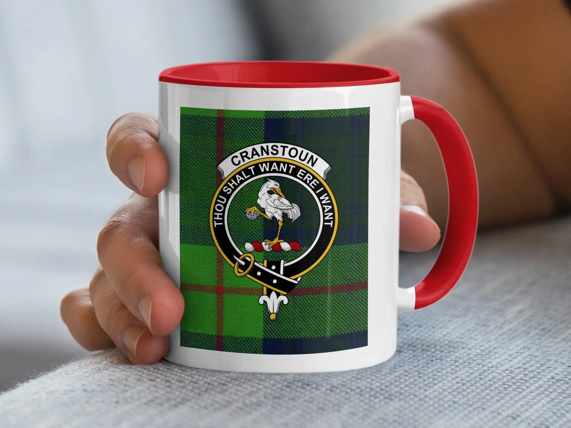 Cranstoun clan crest mug in navy — 15oz ceramic, tartan printed on both sides