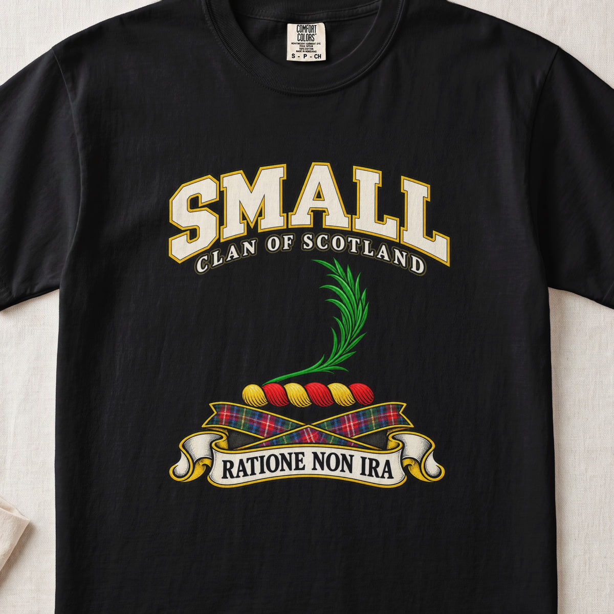 Small Scottish clan T-shirt in Black, front view with a green leafy frond and motto banner.