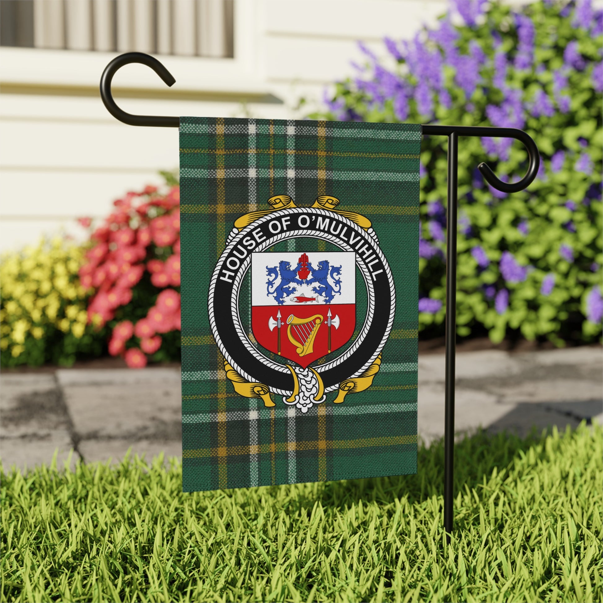 House of O'Mulvihill Clan Crest Plaid Pattern Garden Flag