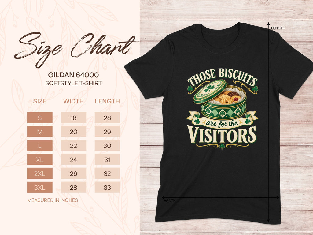 Gildan 64000 unisex T-shirt size chart with width and length measurements