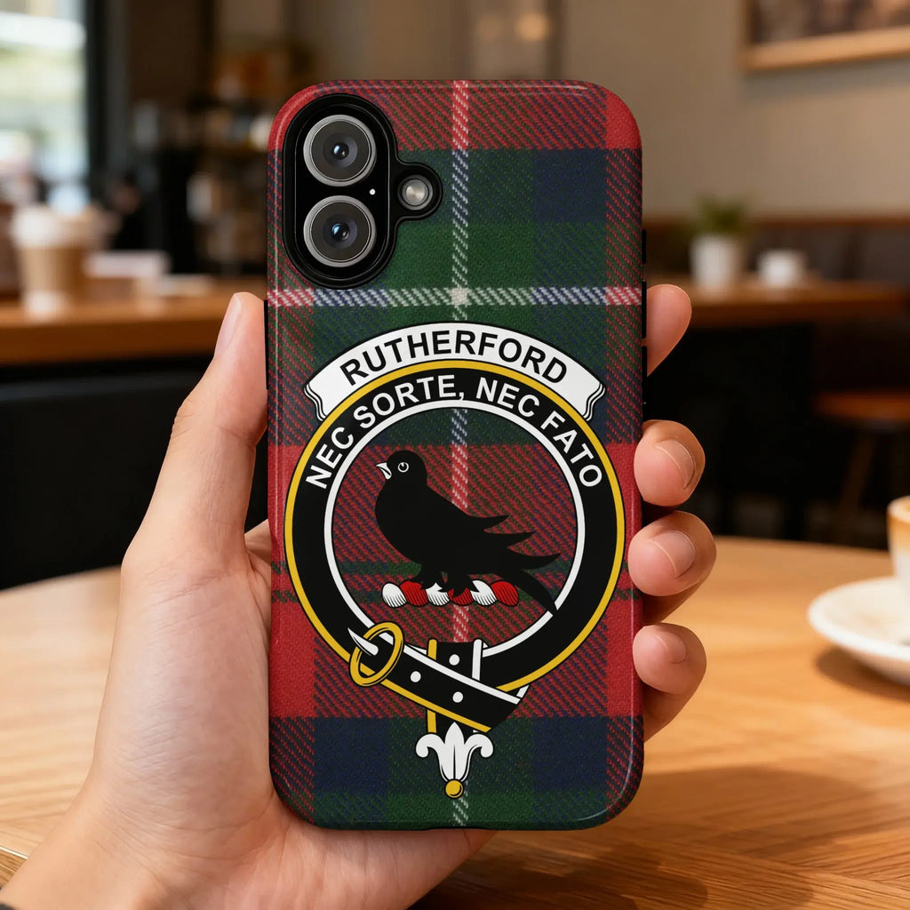 Clan Rutherford tartan phone case — full 3D wrap with Nec Sorte Nec Fato crest, glossy finish