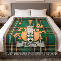 Beatty Irish family crest woven blanket with Irish tartan design and fringed edges
