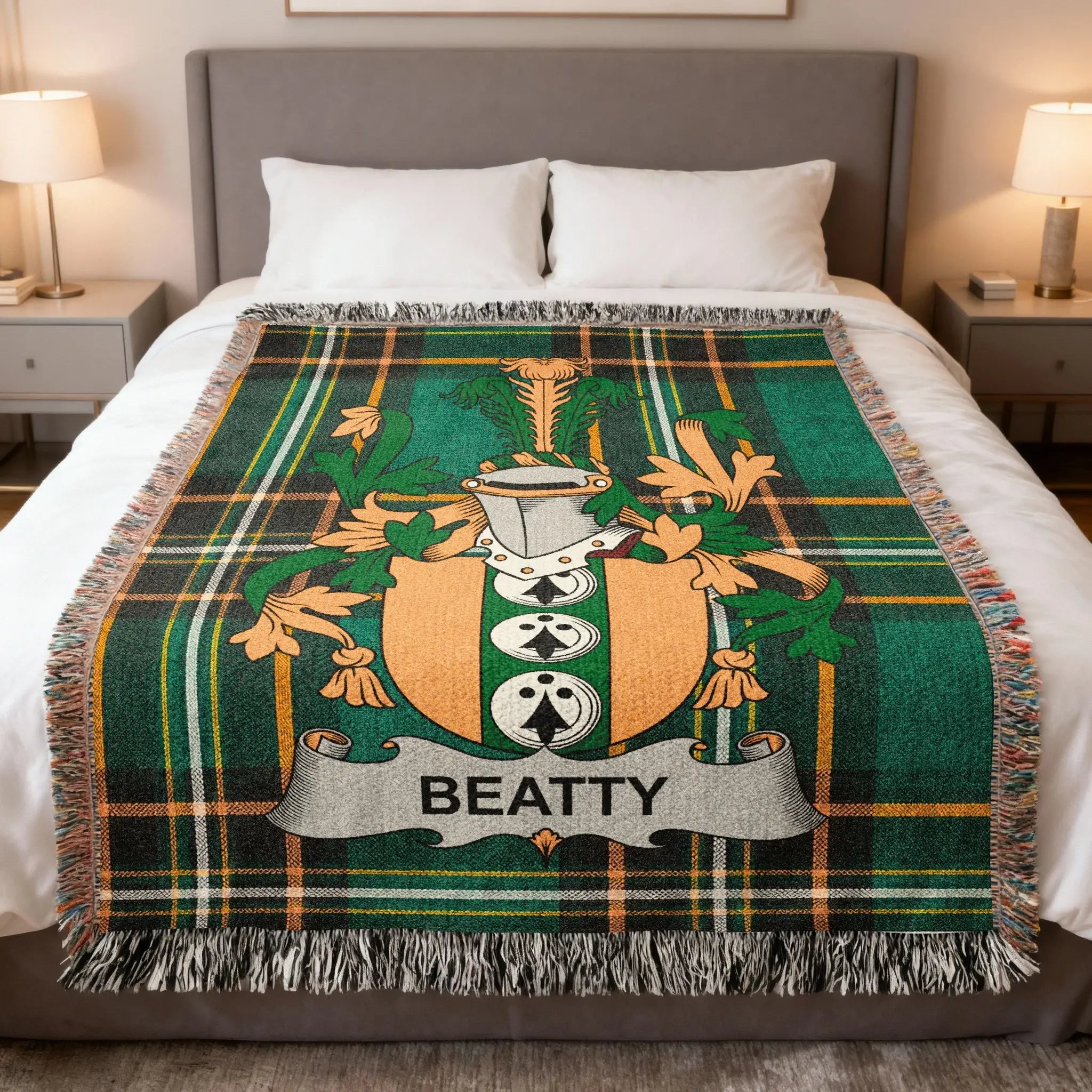 Beatty Irish family crest woven blanket with Irish tartan design and fringed edges